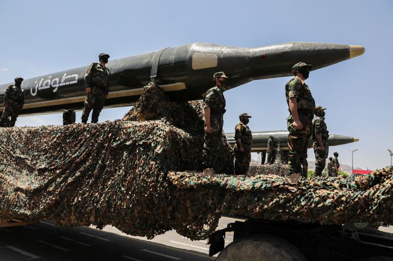 A view of ballistic missiles during a military parade held by the Houthis to mark the anniversary of their takeover in Sanaa, Yemen أيلول 21, 2023. REUTERS/Khaled Abdullah