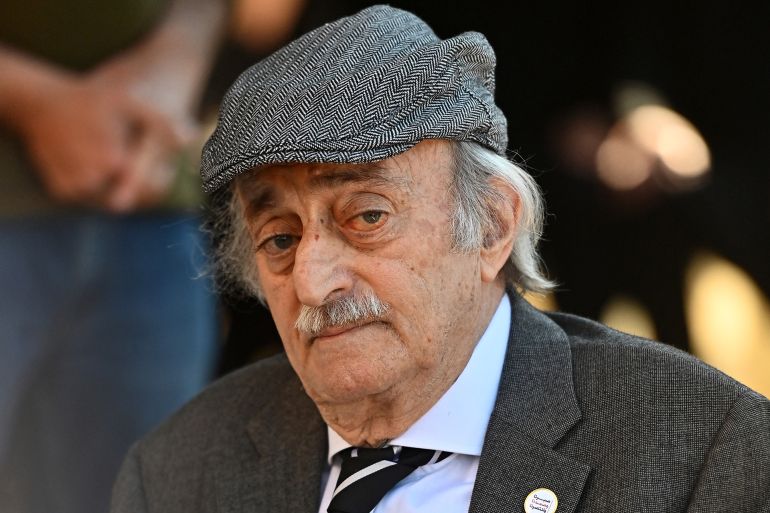 Walid Jumblatt, the former leader of Lebanon's Progressive Socialist Party (PSP), attends a ceremony marking the 48th anniversary of his father Kamal Jumblatt's assassination, at the El-Moukhtara palace in Lebanon's Shouf mountains on آذار 16, 2025. (Photo by Fadel ITANI / AFP)