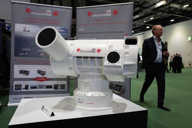 LONDON, ENGLAND - SEPTEMBER 10: A UK Dragonfire laser directed energy weapon system is seen on day one of the DSEI arms fair at ExCel on أيلول 10, 2019 in London, England. The biennial Defence and Security Equipment International (DSEI) is the world's largest arms fair and is held in London's Docklands area. (Photo by Leon Neal/Getty Images)