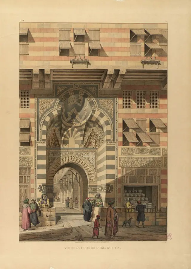 رسم توضيحي بالألون يظهر واجهة مسجد السلطان قايتباي والدور الثالث للكُتاب الملحق به والشبابيك الخاصة بالكُتاب.