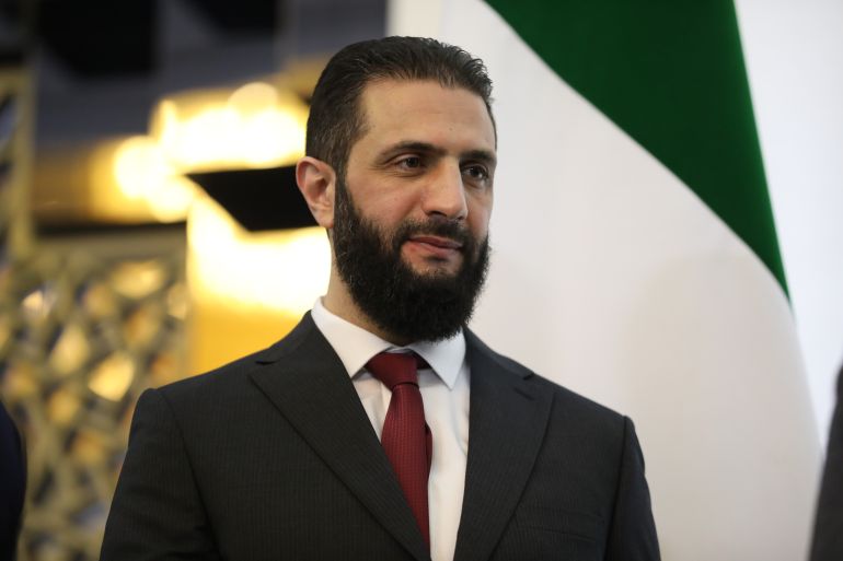 DAMASCUS, SYRIA - FEBRUARY 25: Syrian President Ahmad al-Sharaa attends the closing ceremony of Syrian National Dialogue Conference at the Presidential Palace in Damascus, Syria on شباط 25, 2025. the Syrian National Dialogue Conference, attends the National Dialogue Conference on شباط 25, 2025 in Damascus, Syria. A national dialogue conference intended to help chart Syria's political future after the fall of former President Bashar Assad began at the Presidential Palace in Damascus on Monday. (Photo by Ali Haj Suleiman/Getty Images)