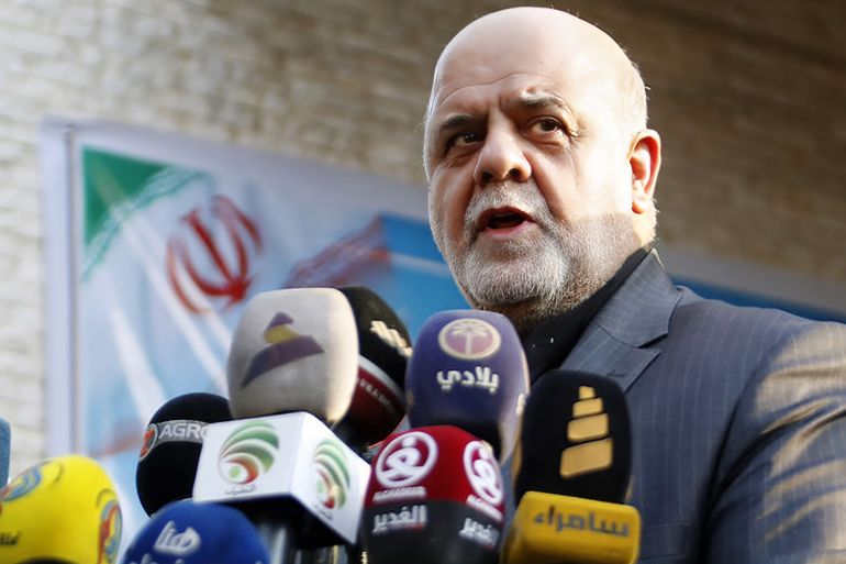إيرج مسجدي Iranian ambassador in Iraq Iraj Masjedi gives a press conference outside the new building of the Iranian consulate in the southern city Iraqi city of Basra on أيلول 11, 2018 after the old building was set ablaze by protestors a few days earlier. Anger in Basra flared after the hospitalisation of 30,000 people who had drunk polluted water, in an oil-rich region where residents have for weeks complained of water and electricity shortages, corruption among officials and unemployment. Demonstrators have set fire to government buildings, the Iranian consulate and the offices of pro-Tehran militias and political parties. / AFP / Haidar MOHAMMED ALI