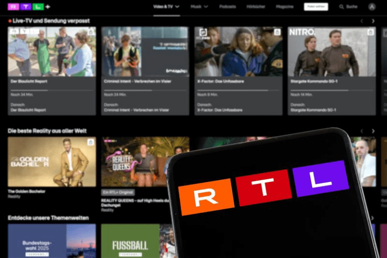 Stuttgart, Germany - شباط 8, 2025: RTL Plus logo tv station streaming media library website on a mobile phone and computer screen in Stuttgart, Germany.