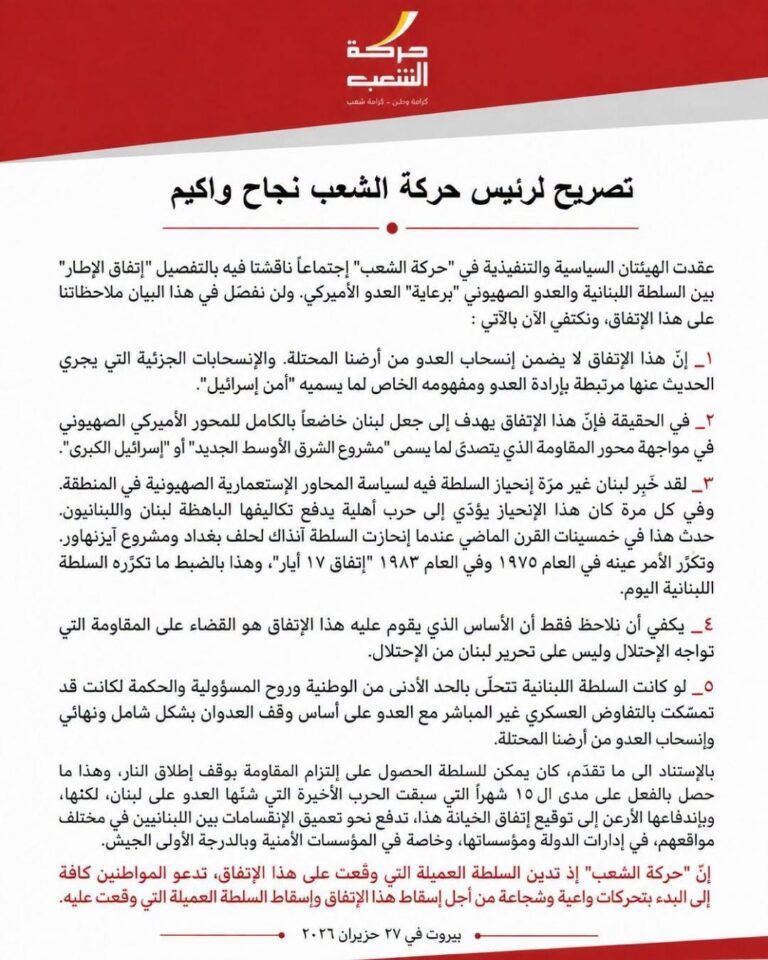 “حركة الشعب” تدعو من أجل إسقاط هذا الاتفاق وإسقاط السلطة العميلة التي وقعت عليه.